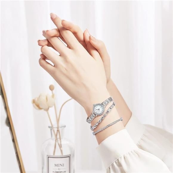 Elegant Watch and Bracelet Set for Women Rhinestone Wrist Watch, Silver 2 main image 4